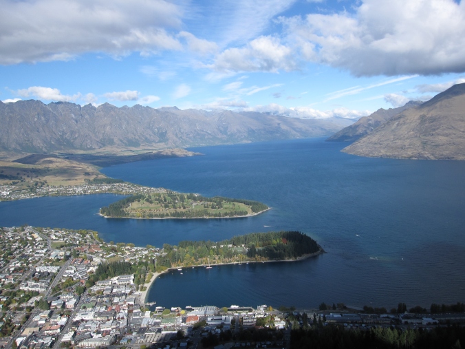 Queenstown against the Remarkables mountains on Lake Wakatipu.